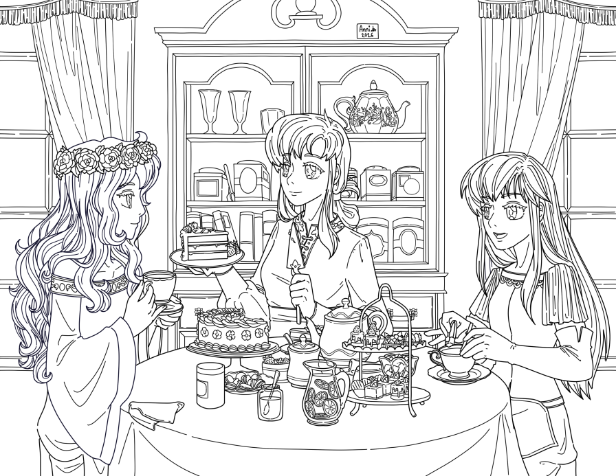Colouring Page of Deirdre, Ethlyn, and Lachesis